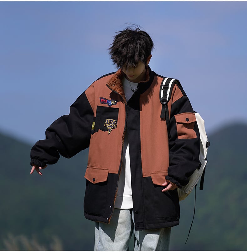 【裏起毛】質感のいい 配色切替 リバーシブル 裏ボア  オーバーサイズ ジャケットE-12581