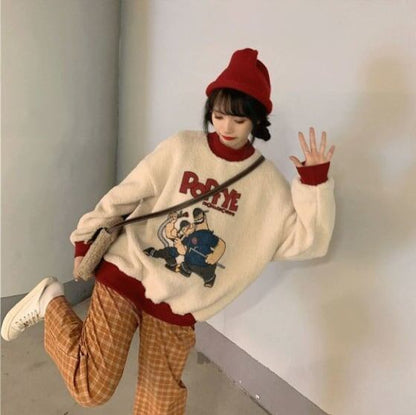 韓国系ふわふわグラフィックロゴボアスウェットトップス全2色E-4208