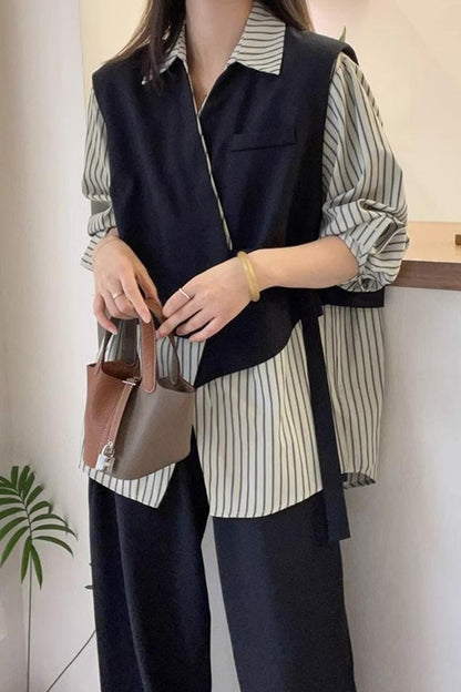 存在感抜群 レイヤード風 トレンドアイテム ストライプ柄 切り替え シャツ E-9555