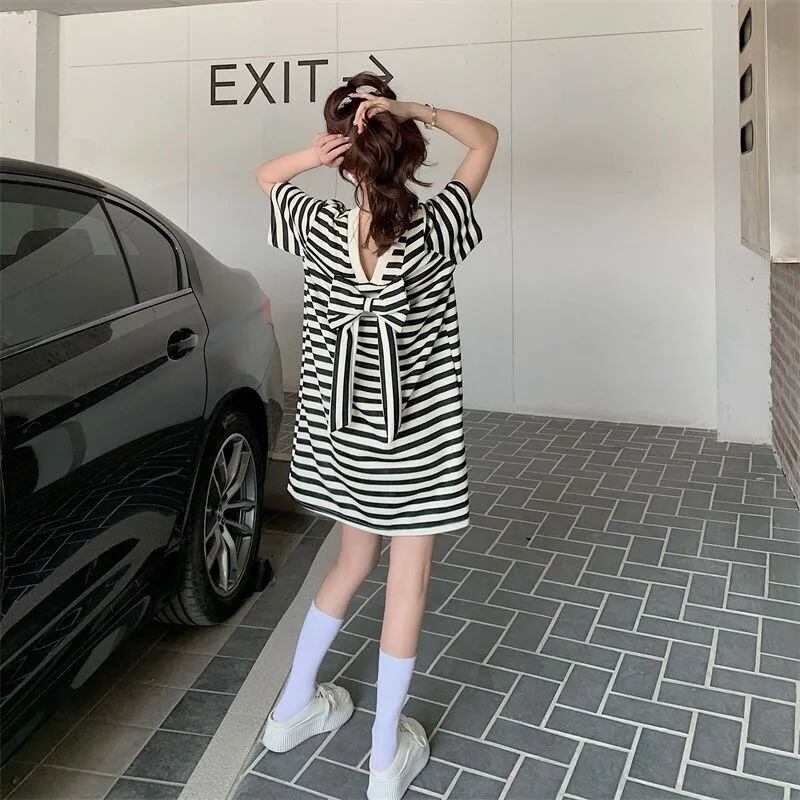 スタイルアップ 上質 美人度アップ リボン ストライプ柄 ワンピースE-9202
