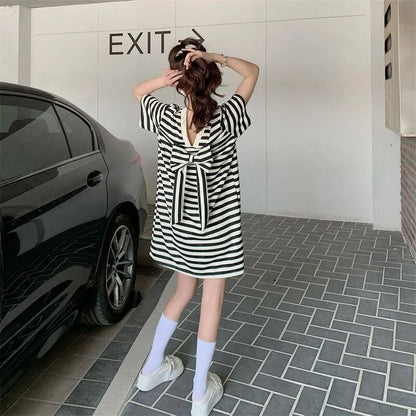 スタイルアップ 上質 美人度アップ リボン ストライプ柄 ワンピースE-9202