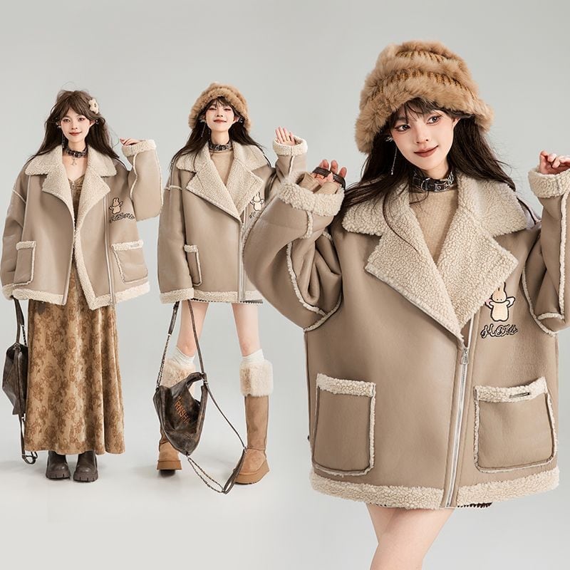 高級感溢れる 革ファッション厚い暖かいフェイクシャーリングジャケットコート ファッション感満々 E-9884