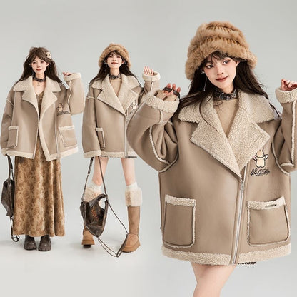 高級感溢れる 革ファッション厚い暖かいフェイクシャーリングジャケットコート ファッション感満々 E-9884