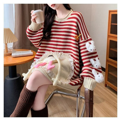 スタイルアップ効果抜群 ストライプ柄 個性的なデザイン 2色選択ニットトップスE-10585