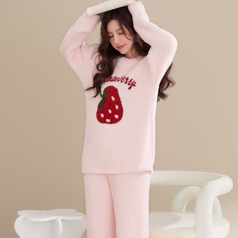 話題沸騰中 全2色 柔らかな肌触りで着心地も楽ちん！モコモコ ルームウェア パジャマ 上下セットE-10526