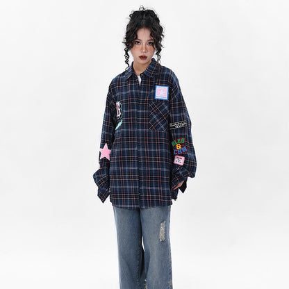 新商品 アバンギャルド 大活躍 カジュアル 刺繍 チェック柄 全2色 男女兼用 シャツ E-9167