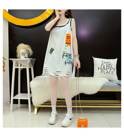 今季マストバイ ダメージ加工 デザイン性抜群 プリント全2色 ノースリーブ Tシャツ カットソーE-9141