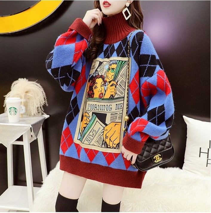 超人気配色チェック柄グラフィックロゴニットセーターハイネック3色ありE-4328
