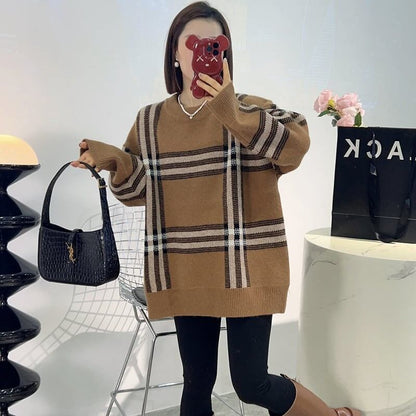 新作 着?せ厚手ゆったりニットセーター カーキ色トップスiEf-4597