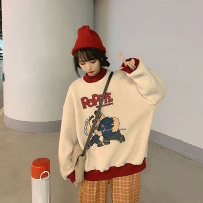 韓国系ふわふわグラフィックロゴボアスウェットトップス全2色E-4208