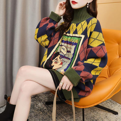 超人気配色チェック柄グラフィックロゴニットセーターハイネック3色ありE-4328