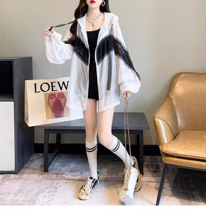 超人気 レース おしゃれ度高め 切り替え 日焼け対策 全2色 パーカー コートE-9143