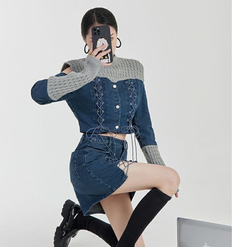 スタイルアップ効果抜群 デニム 高見えデザイン トップスⅹミニスカートセットアップE-9160
