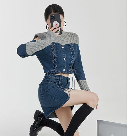 スタイルアップ効果抜群 デニム 高見えデザイン トップスⅹミニスカートセットアップE-9160