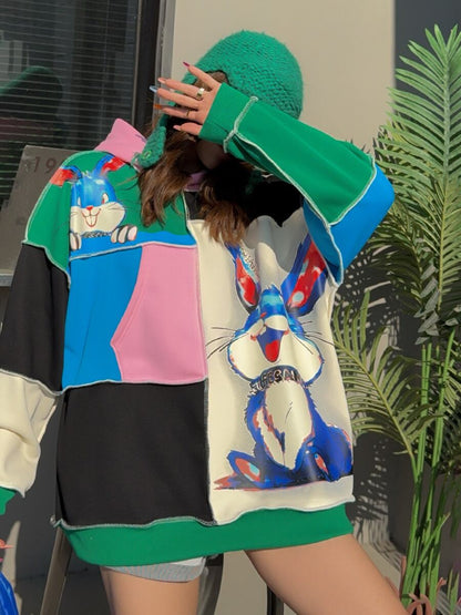 話題沸騰中 トレンドアイテム 存在感抜群 カラーマッチング 切り替え プリント2色選択 パーカー E-9906