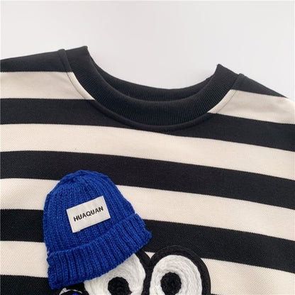 韓国系ストライプ柄  ぬいぐるみオーバーサイズ スウェットE-4105