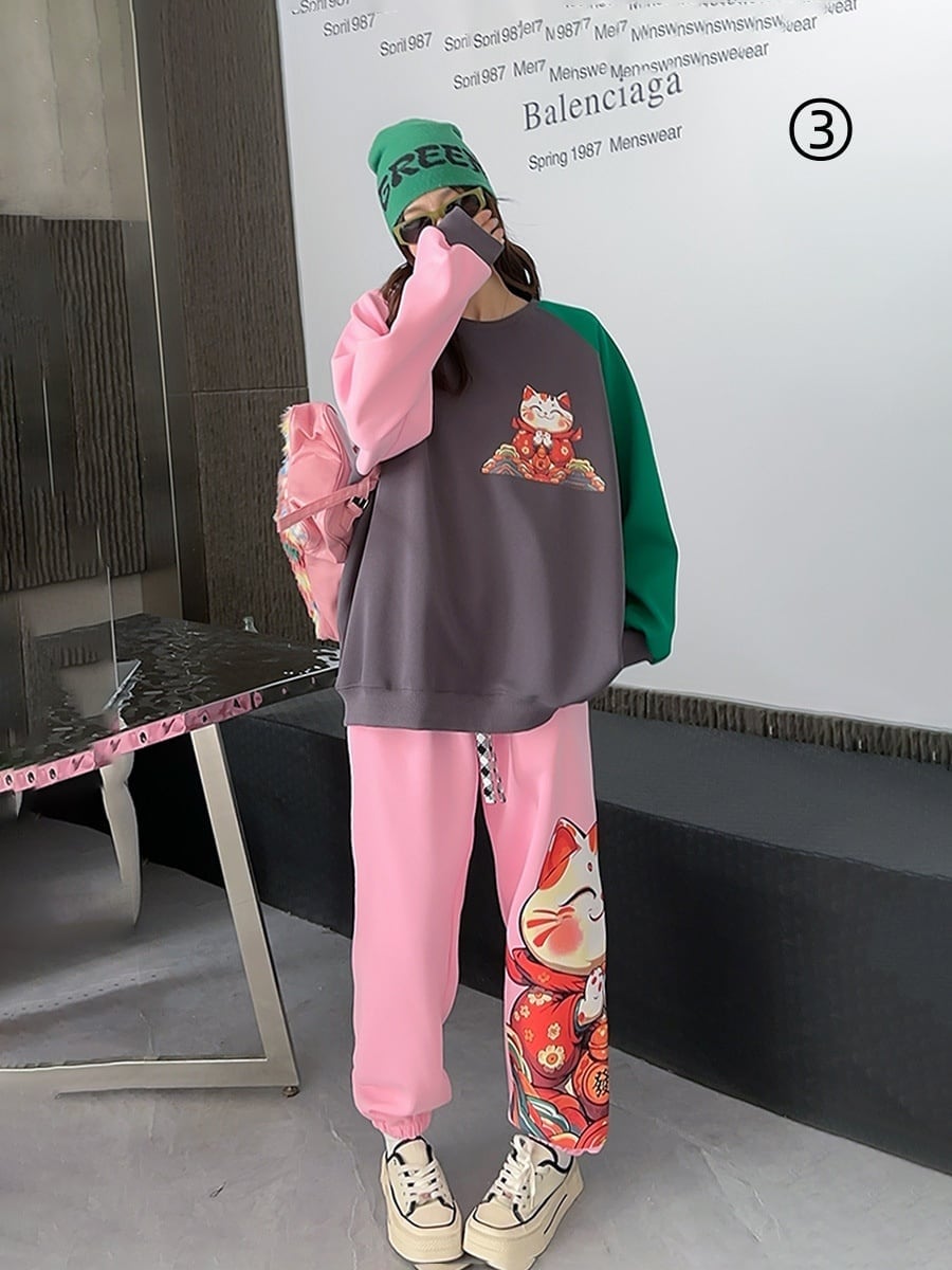 スタイルアップ効果抜群 4色選択 プリント パーカー＋ショートパンツ セットアップE-10456