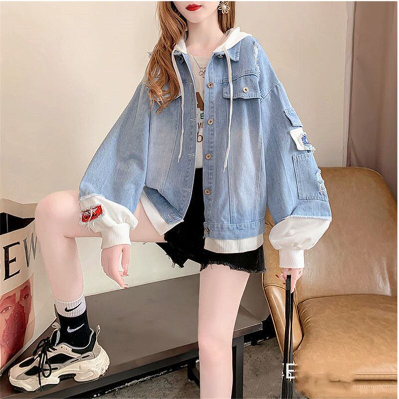 大活躍レイヤード風ダメージ加工デニムジャケット全2色パーカーE-4706