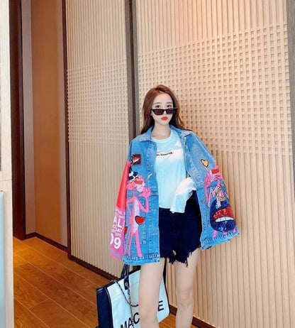 人気爆発中 ピンク プリント スパンコール 切り替え デニムジャケットiEf-4039