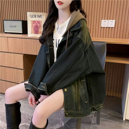 おすすめ トレンドアイテム 存在感抜群 フード付き デニムジャケットゆったりコートE-9888