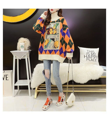 超人気配色チェック柄グラフィックロゴニットセーターハイネック3色ありE-4328