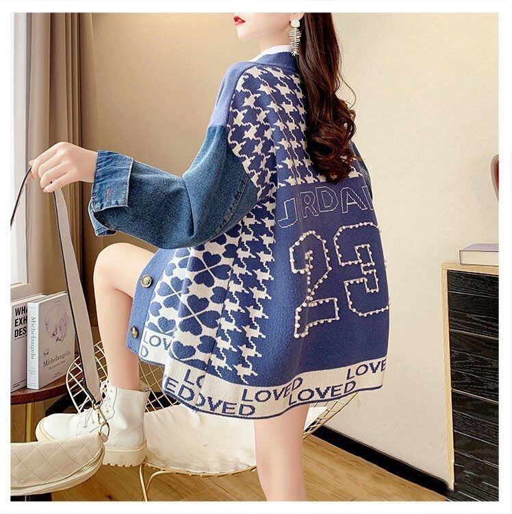 都市ファッショ デザイン オシャレ デニム切り替え 全2色 ニットカーディガンE-9377