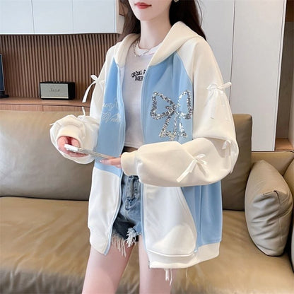 絶対流行 スウィート スタイルアップ スパンコール切り替え 2色選択 パーカー トレーナー レディース フード付き カーディガン E-9420