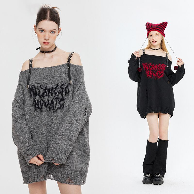 人気上昇中 ファッション感満々 高見えデザイン 全2色 オフショル風 ニットトップスE-9599