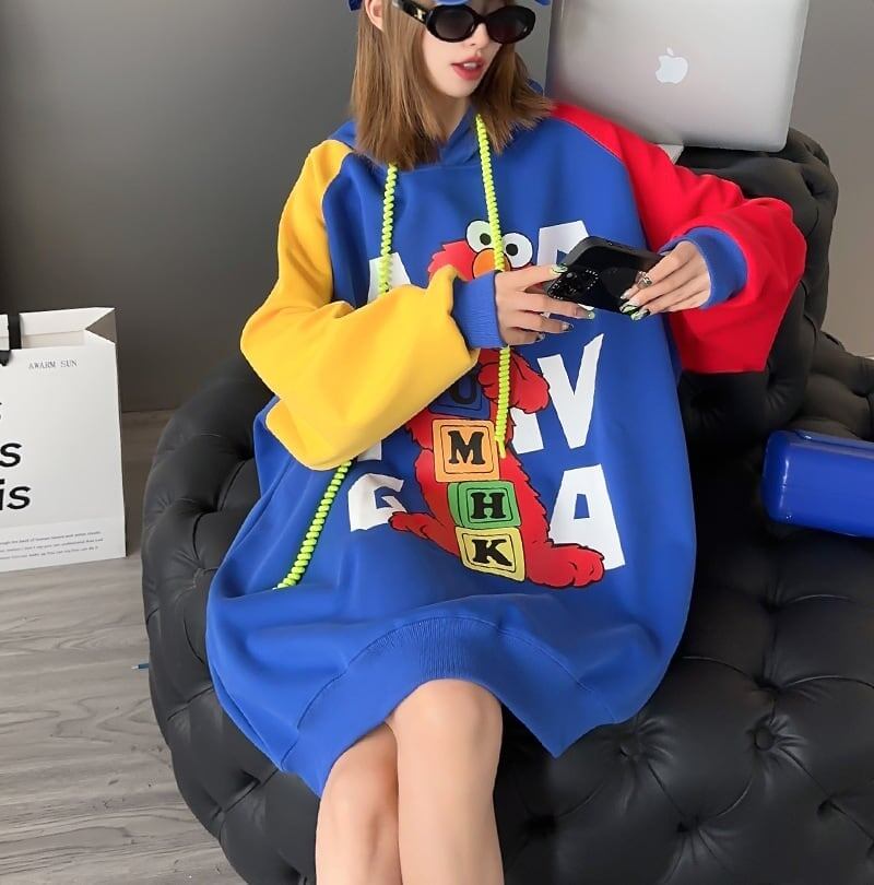 オーバーサイズ カラーマッチング アルファベットプリント フード付き ロングパーカE-4085