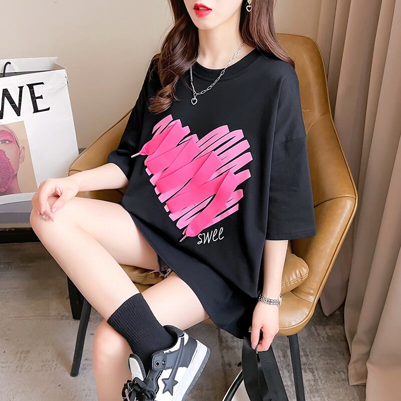 柔らかくて優しい印象 ゆったり ファッション感満々 ロング丈 3色半袖TシャツE-9206