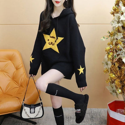 大人可愛い星柄ロゴゆったりフード付きニットパーカ全2色トップスE-4782