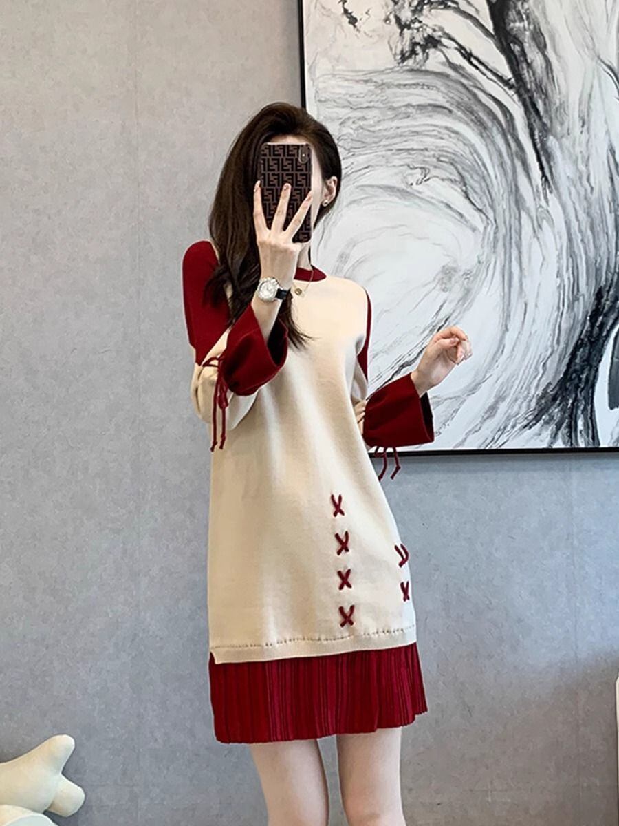 話題沸騰中 オシャレ 都市ファッショ デザイン 切り替え 2色選択可 ニットワンピース E-9722