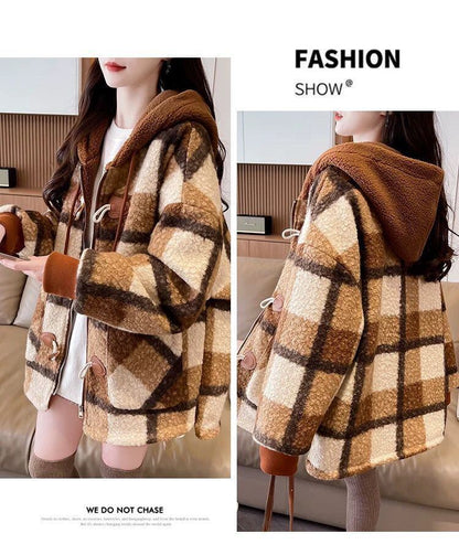 絶対流行 カジュアル 柔らかくて優しい印象 チェック柄 2色選択 ラムフリース コート ボアジャケットE-9854