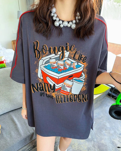 着せ ビッグロゴ ゆったり ロングTシャツ 半袖 ワンピース<ins-4859>