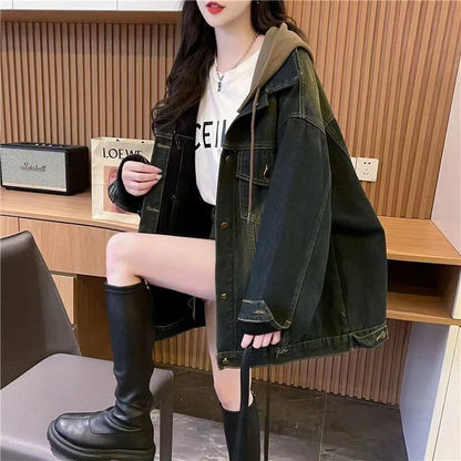 おすすめ トレンドアイテム 存在感抜群 フード付き デニムジャケットゆったりコートE-9888