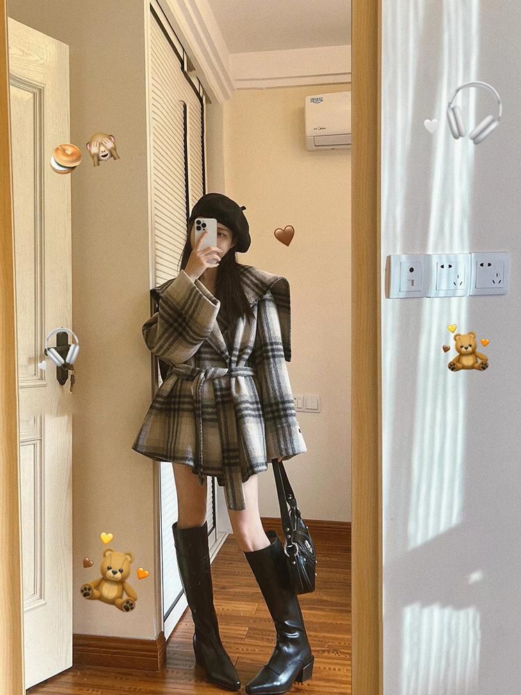 主役級の存在感！気質アップ おしゃれ度高め チェック柄 ウールコート E-9984