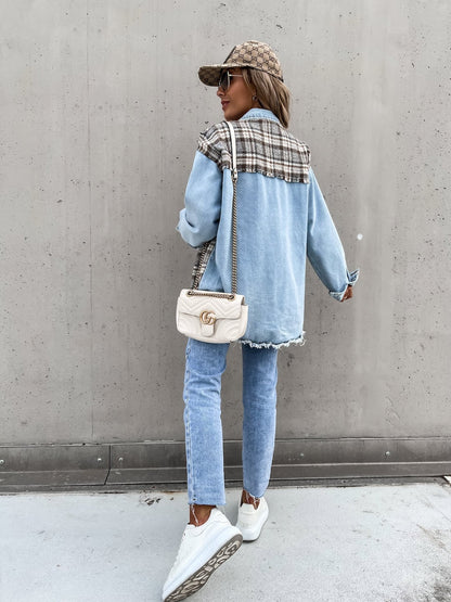 絶対流行 ファッション 活躍する優秀アイテム チェック柄 切り替え デニム Tシャツ E-9264