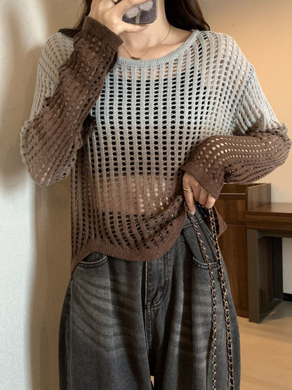 話題沸騰中 グラデーション おしゃれ度高め 透かし彫り ニットトップスE-9557