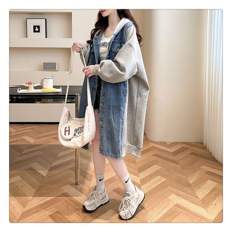 都市ファッショ デザイン オシャレ デザイン性抜群 デニム 切り替え ゆったりコートE-9804