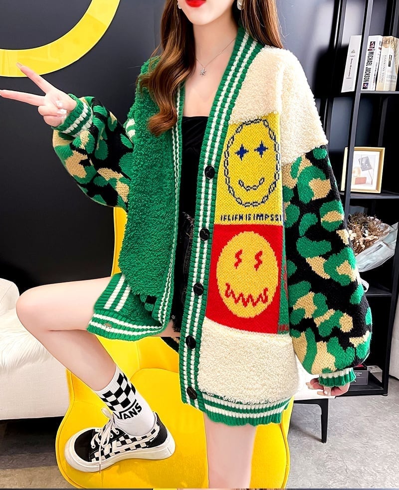 早い者勝ちスマイルマーク   ニットカーディガン五色ありE-4059