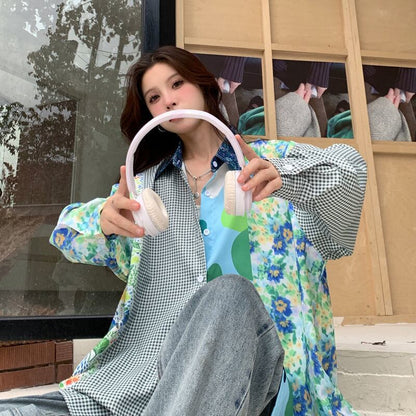 スタイルアップ効果抜群 切り替え カジュアル チェック柄 全2色 シャツ E-9177