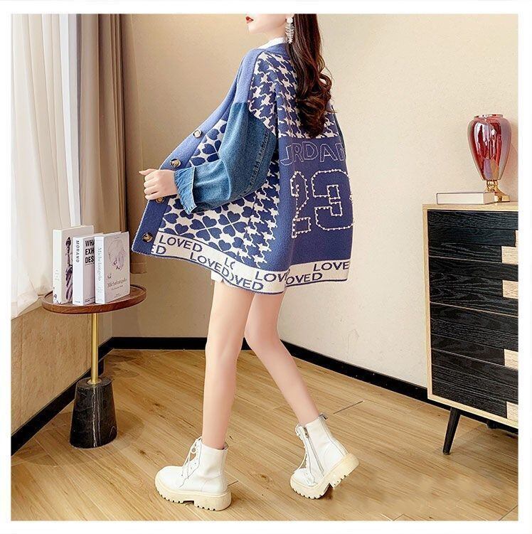 都市ファッショ デザイン オシャレ デニム切り替え 全2色 ニットカーディガンE-9377