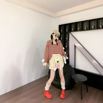 スタイルアップ効果抜群 ストライプ柄 個性的なデザイン 2色選択ニットトップスE-10585