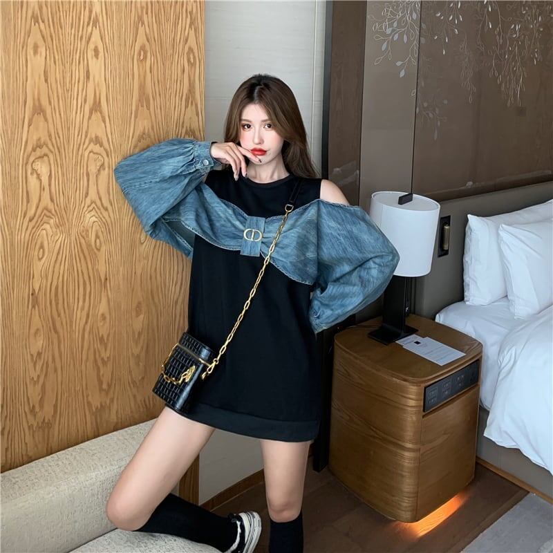 スタイリッシュ ラウンドネック 一目惚れ 切り替え 蝶結び スウェット パーカーE-2849