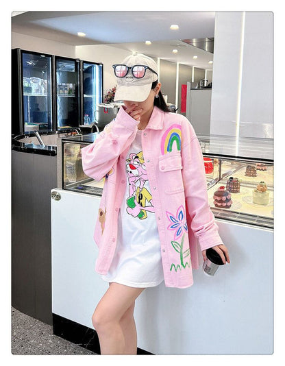 売り切れ必至 韓国風ファッション 上質 アバンギャルド プリント デニム Tシャツ E-9479