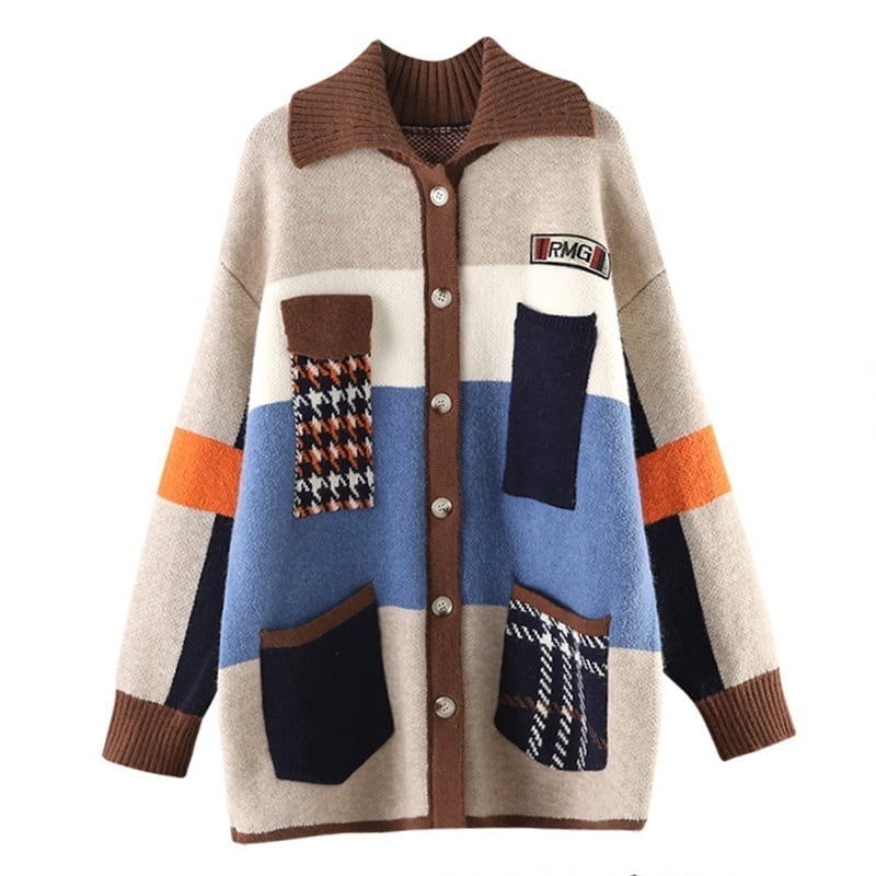 【人気商品再入荷】着心地良い 折り襟 大好評 長袖 切り替えカーディガンE-2193