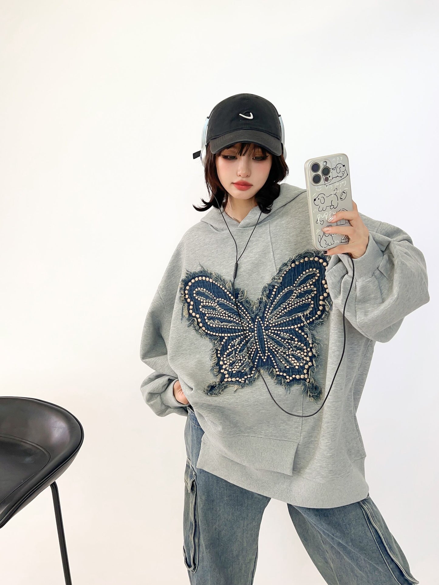 都市ファッショ デザイン オシャレ おしゃれ度高め 刺繍 ホットダイヤモンド カジュアル 3色選択 パーカーE-9290