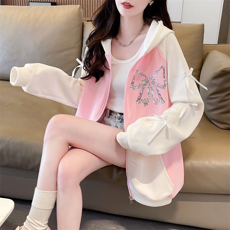 絶対流行 スウィート スタイルアップ スパンコール切り替え 2色選択 パーカー トレーナー レディース フード付き カーディガン E-9420