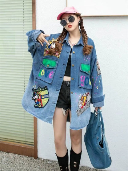 大活躍 刺ロゴ 落書きストレート系 デニムジャケットゆったりコートiEf-4764