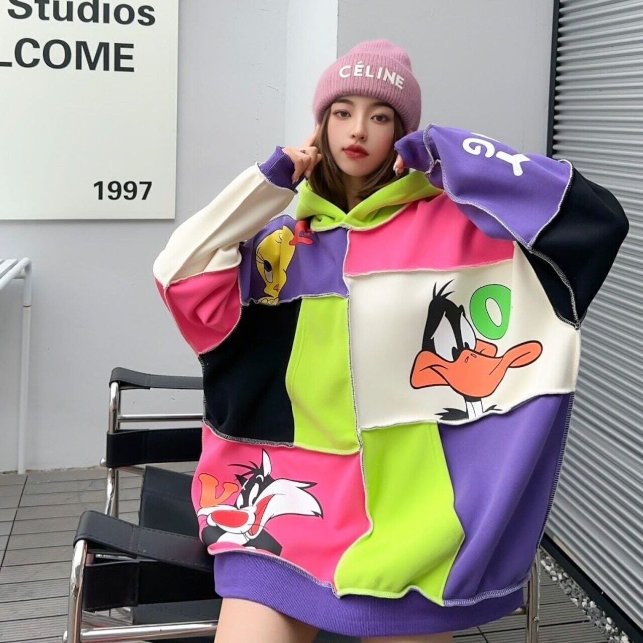 快適トップス カラーマッチング おしゃれ度高め 切り替え 2色選択 パーカーE-9361